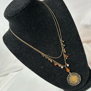 Handcrafted Vintage Gold and Orange Peso Pendant Necklace GUC